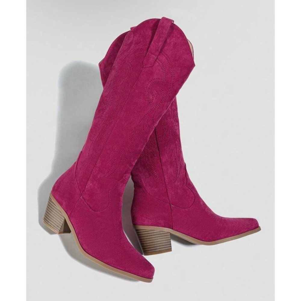 Women's Pink Below Knee Suede Western Boots - Picture 2 of 5